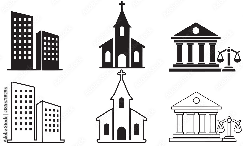 Fototapeta premium Building icons set: solid and outline vectors of city buildings, church, and government building