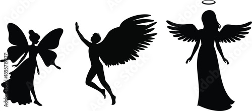 Fairy angel silhouette, winged figure vector, mythological design, fantasy artwork, celestial icon, halo illustration, spiritual being graphic