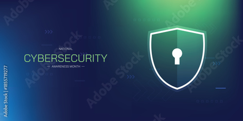 Modern National Cybersecurity Awareness Month. Shield and padlock. Great for cards, banners, posters, social media and more