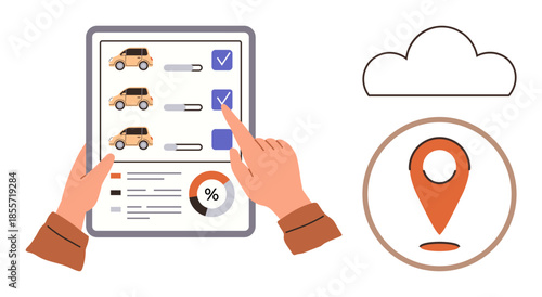 Hand selecting cars from a checklist on a tablet with location marker, cloud icon, and analytics graph. Ideal for automotive services, GPS, cloud technology, data analysis, decision-making