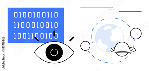Open eye with binary code, planet Earth, and orbiting shapes. Ideal for technology, data science, innovation, exploration, AI vision and universal connectivity. Simple flat metaphor