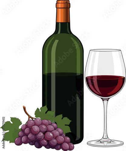 Classic Red Wine Still Life Vector: Elegant Full Bottle of Wine Paired with a Generous Bunch of Fresh Grapes and a Stemmed Glass Ready for Tasting and Celebration
