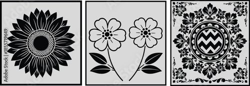 Floral ornamental illustration set, sunflower vector artwork, decorative border design, five petal flower artwork, botanical decorative artwork