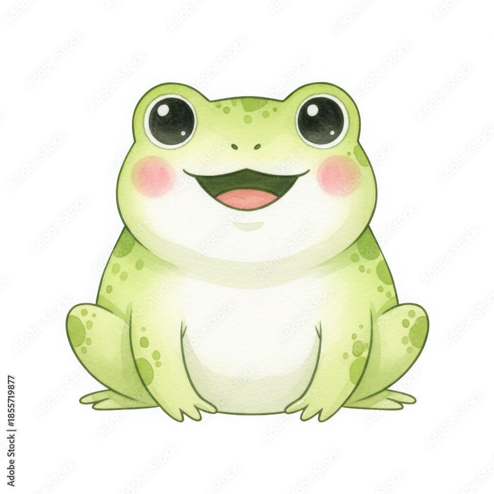 Fototapeta premium Cute Happy Green Frog Watercolor Illustration, Smiling Amphibian Character for Kids Nursery Decor and Nature Art