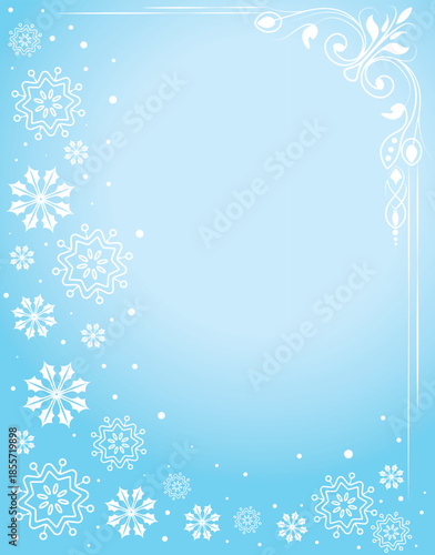 Winter frame with snowflakes and decorative ornaments on light blue background