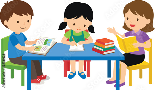 Three happy cartoon children studying together at blue table, reading books and writing notes, cute students learning in classroom, vector illustration.