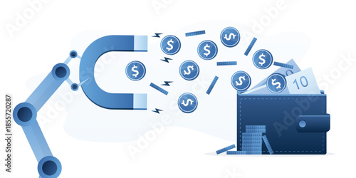 Robot arm holds magnet that pulls money from a wallet. Paid subscription to chatbots or neural networks. Shopaholism, Consumerism and overspend. Collection of taxes or debts.