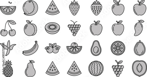 Fruit illustration set, outlined vector design, watermelon orange strawberry apple cherry kiwi grapes banana blueberry avocado pineapple pear artwork