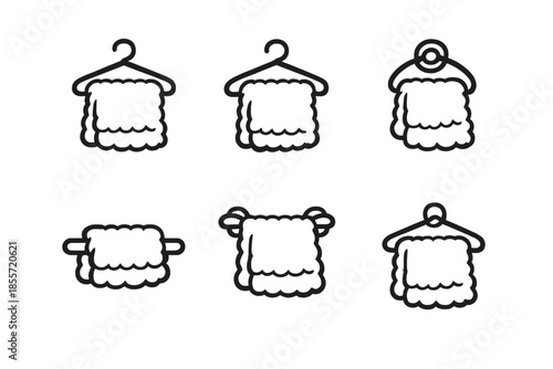 Set of six stylized towels on hangers against a gradient background