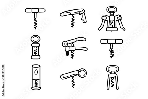 Set of nine white corkscrew icons on a grey background