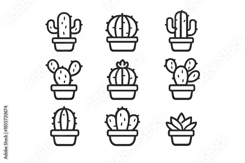 Collection of nine white potted cactus icons on a gray background