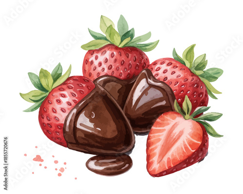 Watercolor Chocolate Covered Strawberries Valentine Dessert Icon vector illustration isolated on white background
