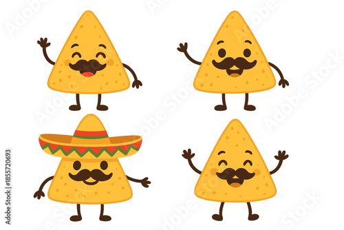 Four happy nachos with mustaches and glowing edges