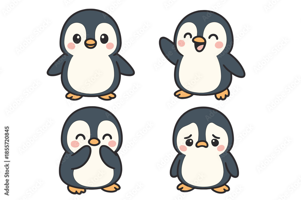 Fototapeta premium Four Cute Cartoon Penguins in Different Poses