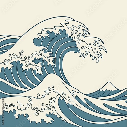 Japanese wave pattern background inspired by ukiyo-e art, soft blue tones