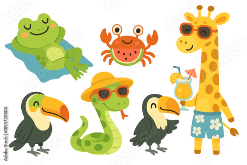 Cute cartoon animals enjoying summer vacation.