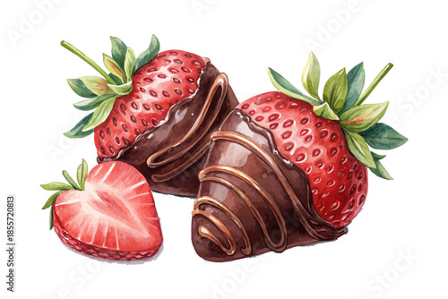 Watercolor Chocolate Covered Strawberries Valentine Dessert Icon vector illustration 