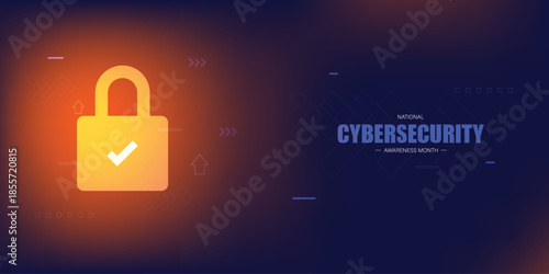 Modern National Cybersecurity Awareness Month. Shield and padlock. Great for cards, banners, posters, social media and more