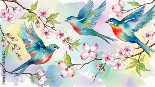 Three birds flying among blossoming flowers on a branch in a serene environment