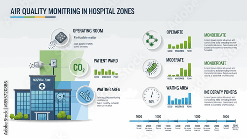 Infographic on air quality monitoring in hospital zones with various operating room conditions and patient ward data.