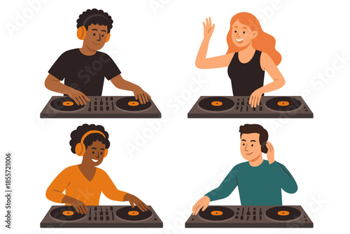 Four DJs performing on turntables at a party
