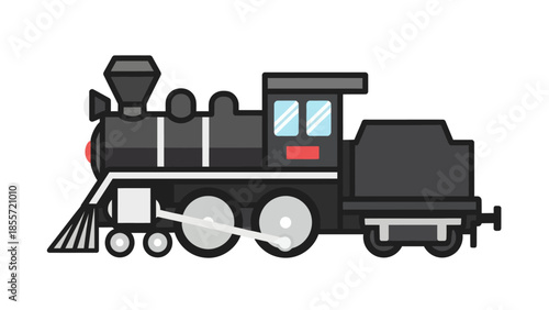 Illustration of a classic black steam locomotive train with a smokestack and wheels.
