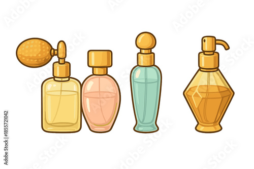 Collection of stylized perfume bottles with gold accents