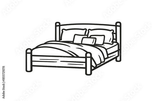Bed with pillows and blanket, isolated on background
