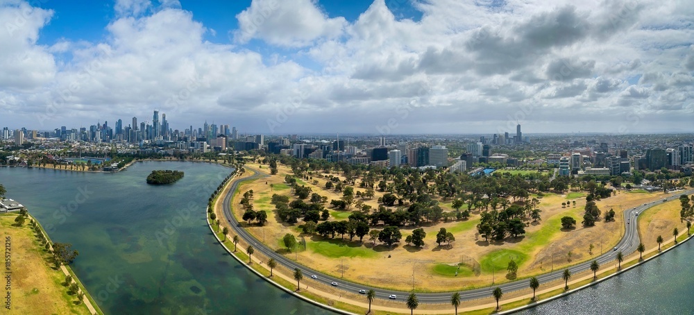 Fototapeta premium Aerial View of Albert Park Lake and Racing Circuit Roads in Melbourne