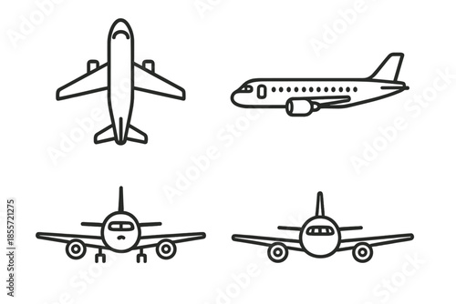 Airplane Line Icons Set: Top, Side, and Front Views