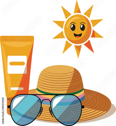 Colorful Sunglasses on a Straw Hat with Sunscreen and a Smiling Sun vector illustration EPS file download.
