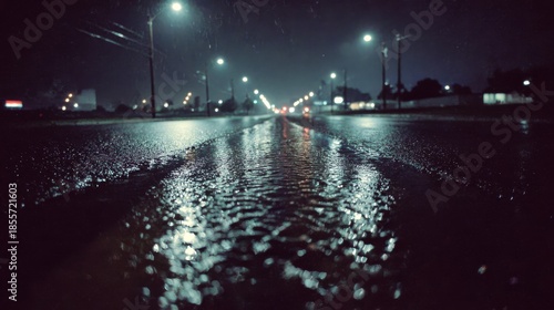 Wet asphalt road at night reflecting streetlights with rain splashing and puddles forming