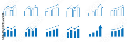 Growth blue icon set. Financial profit blue line and solid icon set. Containing arrow up, growing graph, business chart icons. Vector illustration.