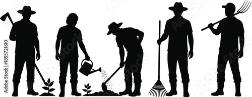 Gardening silhouette collection, farming activity icons, outdoor labor illustration, agricultural tool symbols, planting design pack, rural work figures