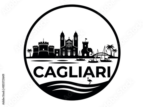 Cagliari city of Italy skyline emblem with landmarks