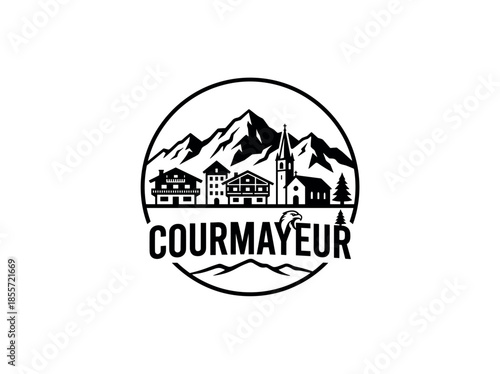 Courmayeur city of Italy skyline emblem with landmarks