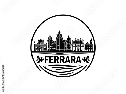 Ferrara city of Italy skyline emblem with landmarks