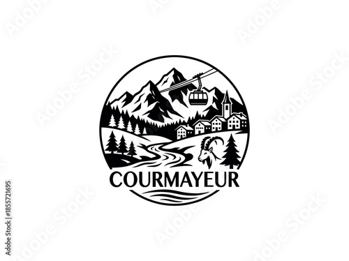 Courmayeur city of Italy skyline emblem with landmarks