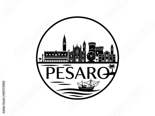 Pesaro city of Italy skyline emblem with landmarks