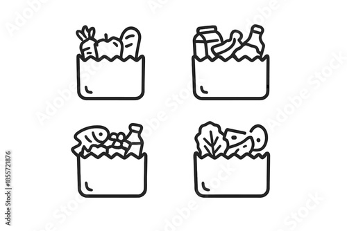 Four grocery bags filled with food icons