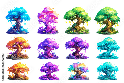 Enchanted Fantasy Trees with Bioluminescent Mushrooms and Glowing Orbs
