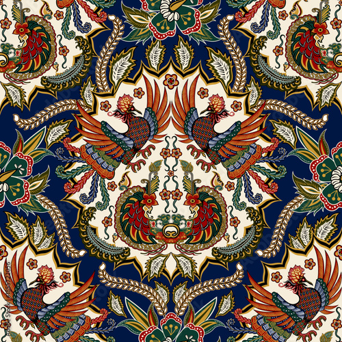 Traditional Javanese batik seamless pattern featuring majestic rooster motifs, rich ornaments, and bold colors. Perfect for textile, fashion, wallpaper, and cultural designs.