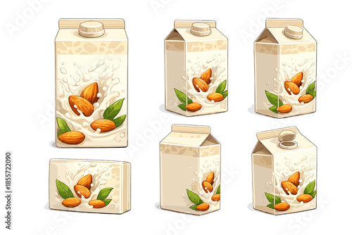 Almond Milk Cartons with Almonds and Leaves