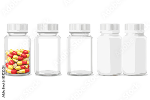 Five medicine bottles in a row, one filled with capsules