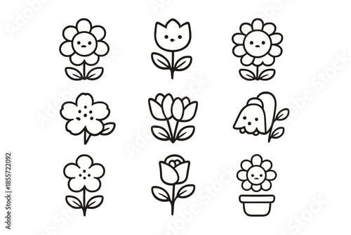 Set of nine cute flower icons on a gradient background