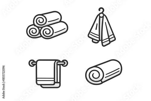 Set of towel icons: stacked, rolled, and hanging bath towels