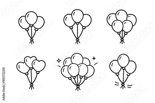 Six bunches of balloons in different arrangements on a dark background