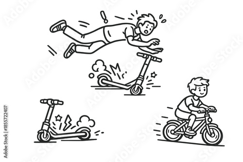 Cartoon of a person falling off a scooter, another scooter, and a child riding a bicycle