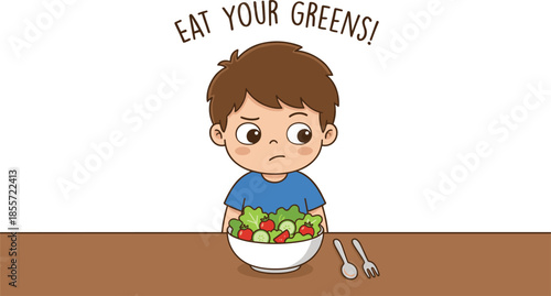 Unhappy little cartoon boy staring at bowl of salad, refusing to eat vegetables, picky eater concept with text eat your greens, vector illustration.