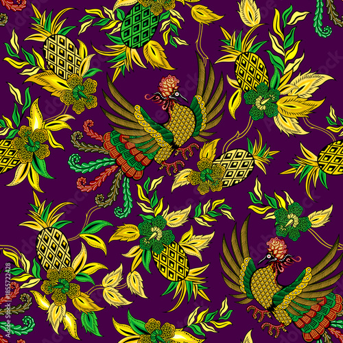Seamless Javanese batik pattern featuring majestic rooster and tropical pineapple motifs with rich traditional ornaments. Ideal for textile, fashion, wallpaper, and cultural designs.